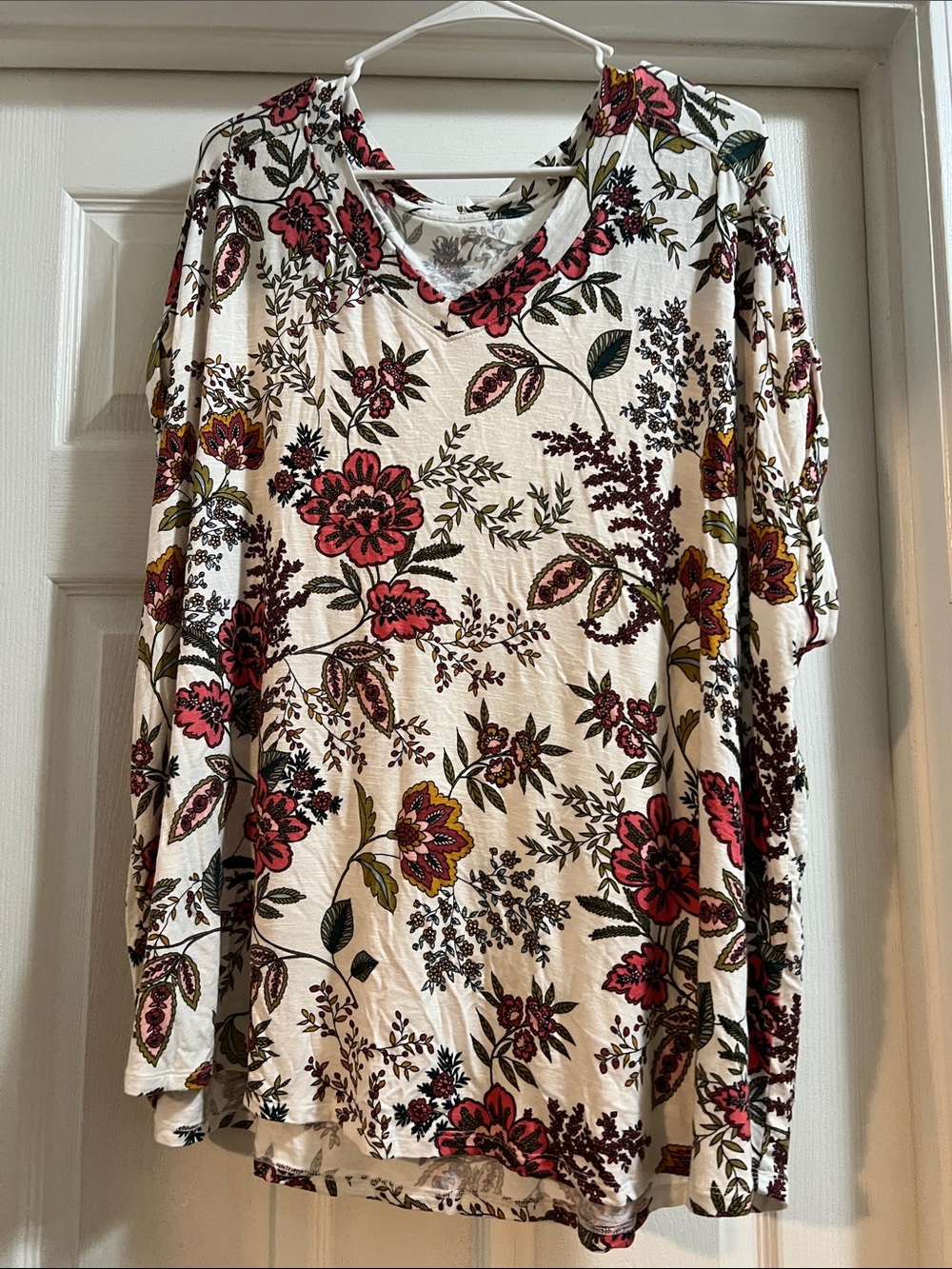 Floral V-Neck Cream Tunic with Pink and Olive Accents